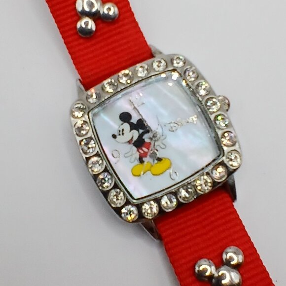 1980's Vintage Micky Mouse Watch Square Rhinestones Red Band - Picture 1 of 4